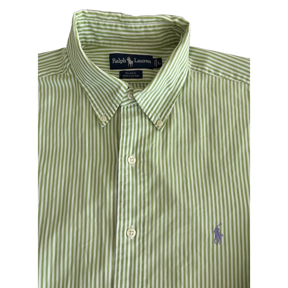 Vintage Ralph Lauren Blake Green and White Striped Button Down Shirt Size Large